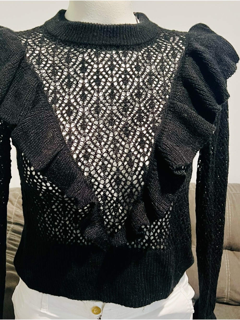 Divided Black Open-Knit Ruffle Crewneck Sweater-size Large